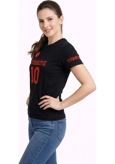 Freedom Store Kadın Türkiye Ay Yıldız Baskılı 10 Numara Forma Tişört Taraftar T-shirt - Siyah
