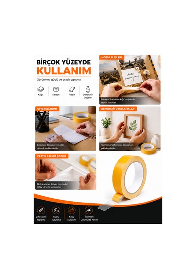 24 Mm X 20 M Opp Çift Taraflı Bant Güçlü Yapışkanlı Şeffaf Montaj Ve Hobi Bandı