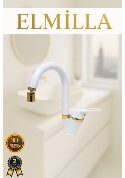 Beyaz Gold Banyo Lavabo Musluğu Bataryası Baston Borulu Lüx Tasarım Çif Su Giriş Oynar Başlıklı
