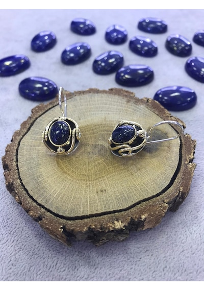 Lapis Lazuli Taşı Gümüş Küpe 925 Ayar Doğal Taş