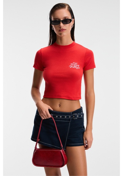 ETHIQUET MIREZA Kadın Baskı Detaylı Slim Fit Kısa Kollu Yuvarlak Yaka Kırmızı T-Shirt