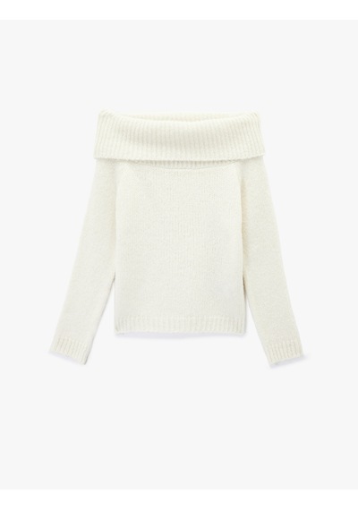 Koton Koton X Sibil Çetinkaya - Uzun Kollu Açık Omuz Oversize Triko Kazak Ekru 6wak90471ht
