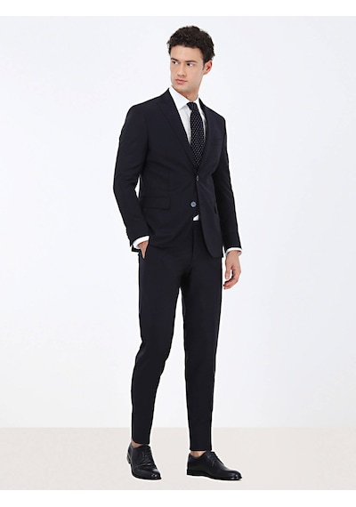 Lacivert Düz Modern Fit Yün Karışımlı Takım Elbise 6 Drop Lacivert
