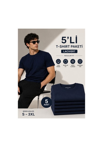 Masion Rae Erkek 5'li Basic Regular Fit Tişört Seti %100 Pamuk Bisiklet Yaka Lacivert Renk