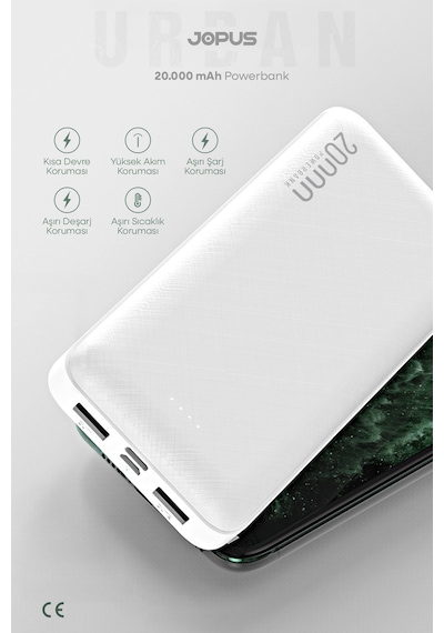 Jopus 20000mah Powerbank - Led Işık Göstergeli - Taşınabilir Şarj Cihazı Beyaz