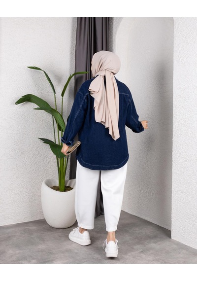 Hb Harma Time Butik Kadın Yıkamalı Cepli Denim Kot Lacivert Ceket