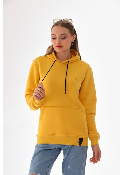 Everest Everst Kapüşonlu 3 İplik Şardonlu Kanguru Cepli Sweatshirt Sarı