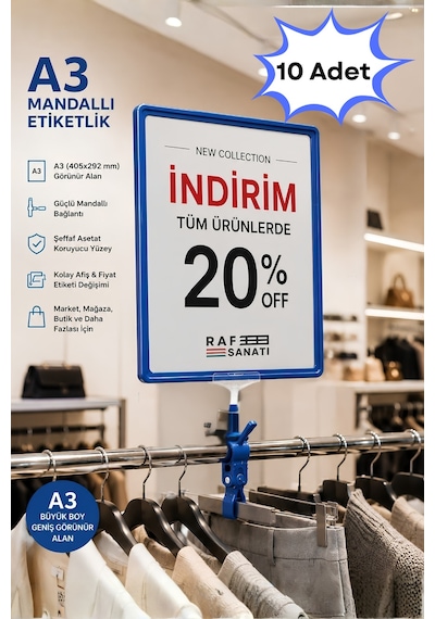 10 Adet - A3 Mandallı Fiyatlık Etiketlik Sepet Raf Askılık Fiyat Etiketi Çerçeveli Market Mağaza Mavi