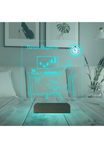 Luvivia Bilgisayar Trader Borsacı Broker Kişiye Özel Metal Saatli 3d Lamba - Masa Gece Lambası Şeffaf