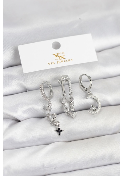 Pirinç Gümüş Renk Zirkon Taşlı Uzay Model Ysx Trio Küpe Seti