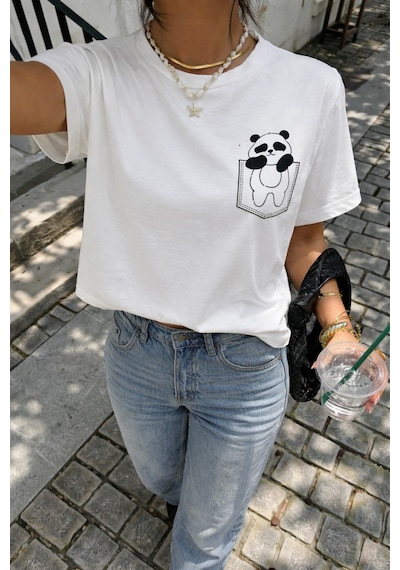 Panda Baskılı Unisex Basic Tişört Rahat Kesim Günlük Stil Beyaz