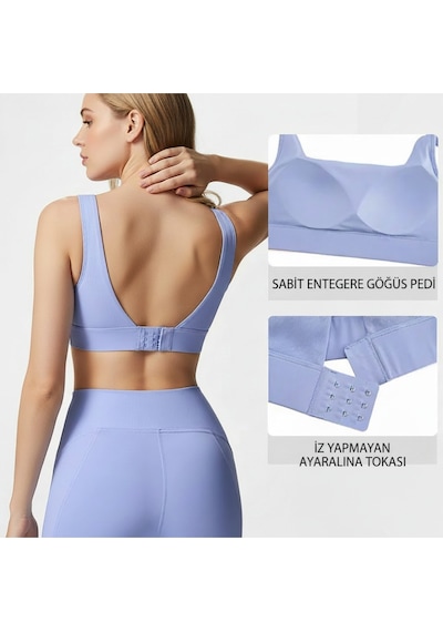 Yüksek Bel Toparlayıcı Tayt & V Sırt Destekli Spor Sütyeni - Sculpt Set Mavi