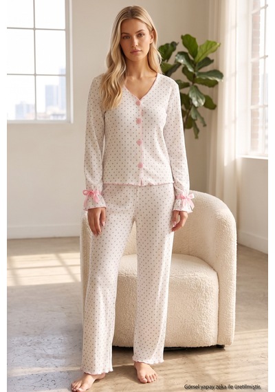 Siyah İnci Desenli Bürümcük-krınkıl Kurdele Detaylı Düğmeli Hırka Pijama Takım 26223921 Beyaz Gri Puan