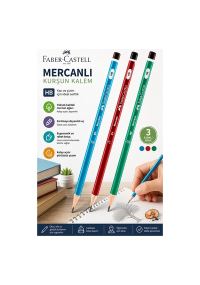 Siyah Kurşun Kalem Mercanlı 3 Adet Faber Castell Mercanlı Kurşun Tahta Kalem Hb Orta Dereceli Öğrenci Kalemi Okul Çok Renkli