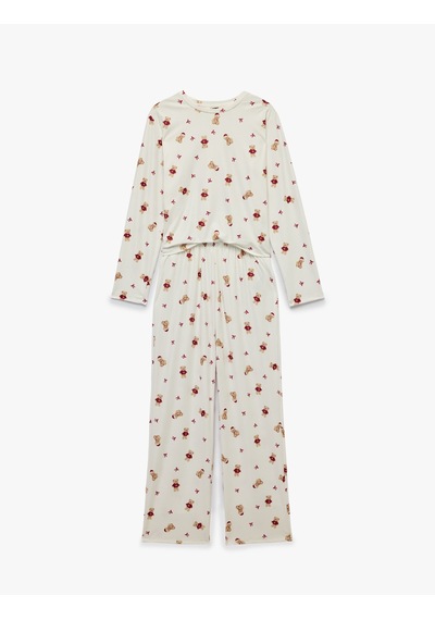Koton Rahat Kesim Uzun Kollu Bisiklet Yaka Ayıcık Baskılı Pijama Takımı Ekru Desenli 7wlk40321mk