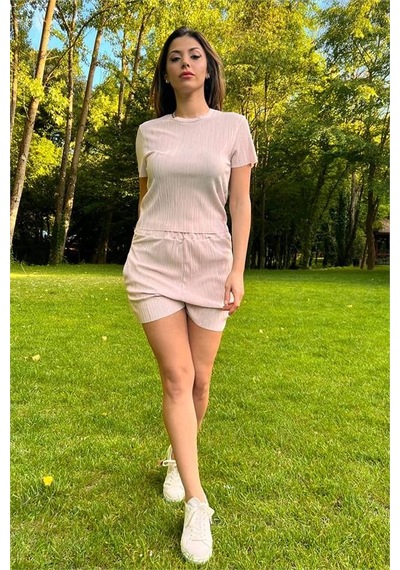 Neşeli Butik Kadın Yeni Sezon Piliseli Alt Üst İkili Takım Nb10047 Bej