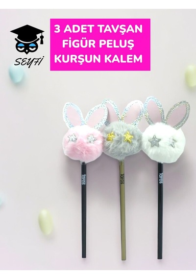 3 Adet Tavşan Figür Peluş Kurşun Kalem Çok Renkli