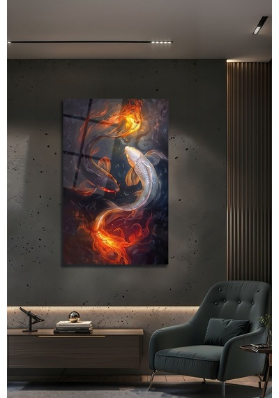 Yin Yang Koi Balığı Ateş Ve Su Mistik Dekoratif Cam Tablo Feng Shui Enerji Duvar Sanatı Modern Dekorasyon Temalı Dekoratif Duvar Tablosu, Salon, Ev Ve Ofis Dekoru,