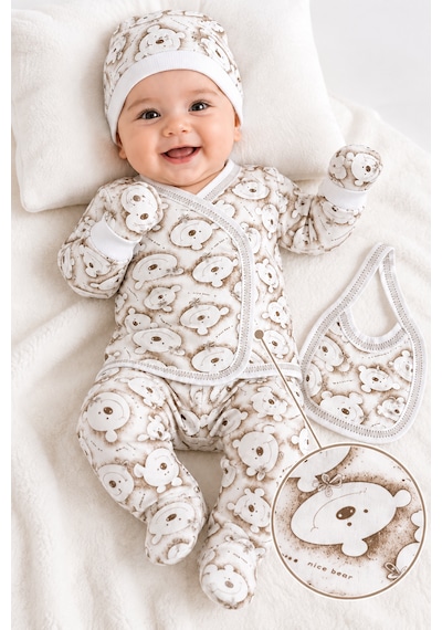 Hece Bebe %100 Pamuklu 5 Parça Yenidoğan Mutlu Ayıcık Desenli Hastane Çıkışı Seti Bebek Zıbın Takımı, Şapka, Önlük, Eldiven Ekru - Kahverengi