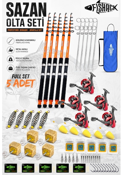 Profesyonel 5 Li Sazan Olta Takımı - 3.30mt- Kırılmaz Kamış Metal Kafa Makine