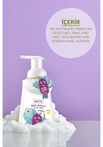 INCIA %100 Doğal Köpük Kastil Sabunu Çocuklar İçin Zeytinyağlı 10 Bitkisel Değerli Yağ Vegan 200 ml