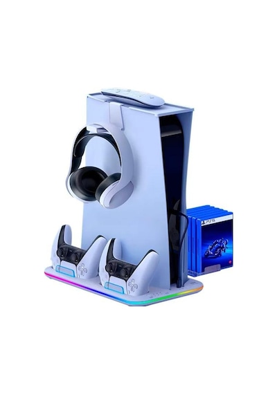 Playstation 5 Standart Fat Kasa Fanlı - Rgbli - Oyun Raflı - Şarjlı Stand - Beyaz
