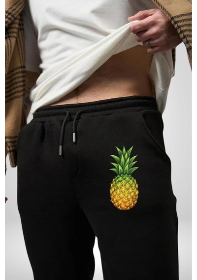 Angemiel Ananas Meyve Pamuklu 3 İplik Siyah Eşofman Altı Erkek Oversize Kesim Dijital Baskılı Siyah