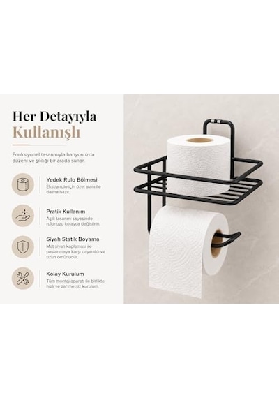 Yapışkanlı Siyah Raflı Tuvalet Kağıtlığı, Delmeden Montaj Duvar Tipi Tuvalet Kağıdı Tutucu, Banyo Ve Wc Organizer 16.5 x 12.2 x 11.2 CM