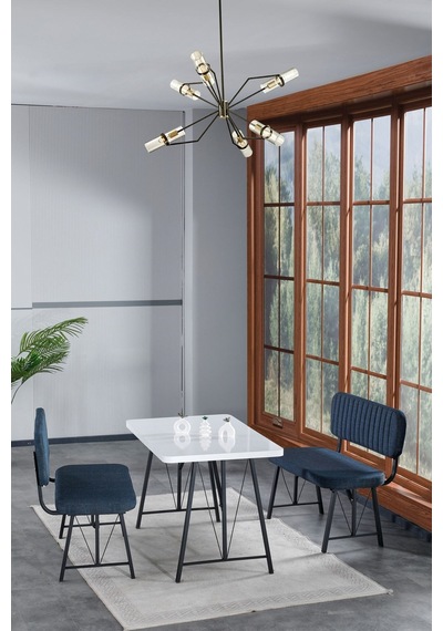 Hayat 70x110 Beyaz Mutfak Masası, Mutfak Masası Takımı, Yemek Masası, 2 Benchli - Lacivert Açık Gri