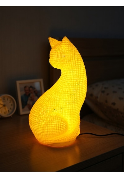 Dekoratif Kedi Figürlü Gece Lambası 3d Yazıcı Baskı Hediyelik Masa Lambası Aydınlatma 23cm Sarı
