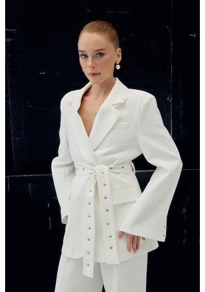 Sateen Serana Kuşak Detaylı Ceket - Ekru-137074 Ekru