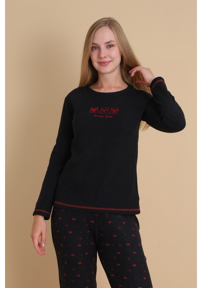 Wordex Mırano 3109 Waffle Yumuaş Kumaş Fiyonk Desenli Kışlık Ev Kadın Pijama Takımı Siyah