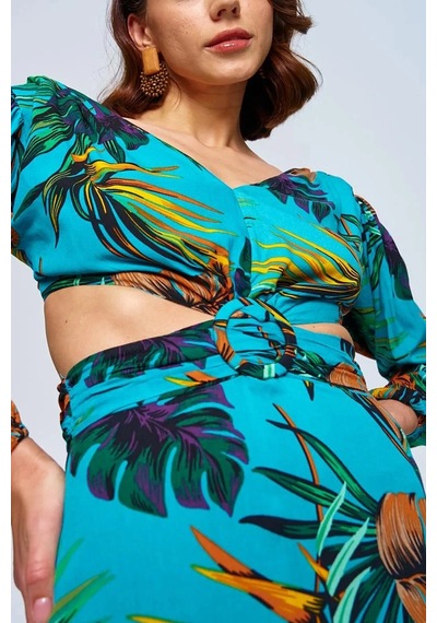 Fashion Cocktail Egzotik Palmiye Desenli Tokalı Göğüs Tasarım Pencereli Yırtmaçlı Uzun Havuz Başı Kokteyl Maxi Elbise Mavi Fashion Cocktail Egzotik Palmiye Desenli Tokalı Göğüs Tasarım Pencereli Yırtmaçlı Uzun Havuz Başı Kokteyl Maxi Elbise Mavi