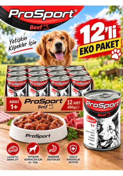 Prosport Biftekli Yetişkin Köpek Konserve Yaş Mama 400 Gr X 12 Adet Eko Paket