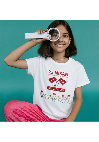 Alpşan Ticaret 23 Nisan Çocuk Bayramı Baskılı Çocuk Tişört 23 Nisan T-shirt 47 Beyaz