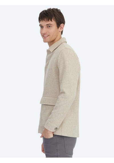Kip Bej Oversize Fit Uzun Dokuma Yün Karışımlı Overshirt