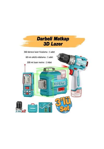 Total TOSLI250101E Avantaj 3'lü Set Darbeli Matkap 16V + Kablosuz 3D Lazer 100 Metre Hizalama Ölçme