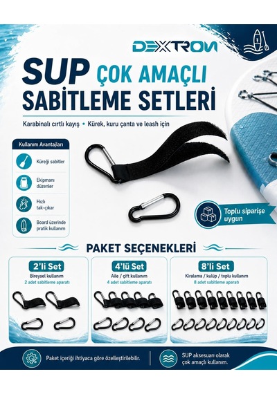 Dextron Sup Ekipman Sabitleme Aparatı Karabinalı Cırtlı Kayış 4'lü Set
