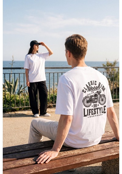 Black Nova Oversize Baskılı Unisex %100 Pamuk T-shirt Lifestyle Beyaz