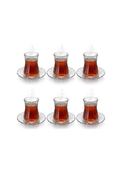 Lexroo 12 Parça Çay Seti - 6 Adet Fitil Desenli Cam Çay Bardağı Ve 6 Adet Cam Çay Tabağı Çok Renkli