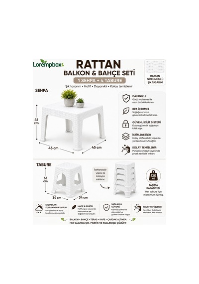 Lorempbox Rattan Balkon & Bahçe Seti 5 Parça 1 Sehpa + 4 Tabure Beyaz Diğer