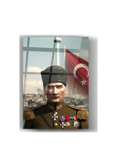 Atatürk Askeri Üniformalı Türk Bayraklı Cam Tablo Mustafa Kemal Atatürk Portresi Ev Ve Ofis Dekoru