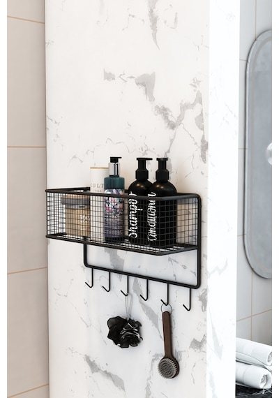 Metal Kancalı Banyo Sepeti Banyo Düzenleyici Organizer Duşluk Şampuanlık Banyo Köşesi Siyah