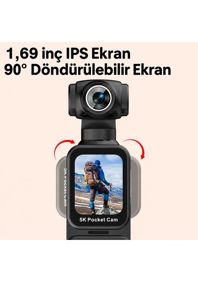 Bubitechh 5k 15fps Pocket Cam, 270 Döner Lensli Aksiyon Kamerası 1,69 İnç Ips Dokunmatik, 1000mah Pil, Eıs Titreşim Önleme, Otomatik Fotoğraf Çekimi, Uzaktan Kumandalı, Döndürülebilir Ekran