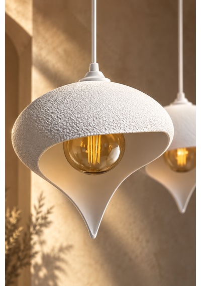 Beton Görünümlü 3'lü Su Damlası Sarkıt Avize Modern Bohem Salon Yemek Masası 3 Rustik Led Ampul Hediyeli Beyaz