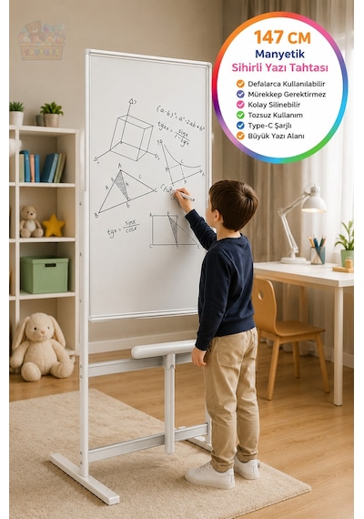 Manyetik Sihirli Yazı Tahtası Silinebilir Eğitim Çizim Yazı Panosu Type-c Şarjlı 147 Cm Beyaz