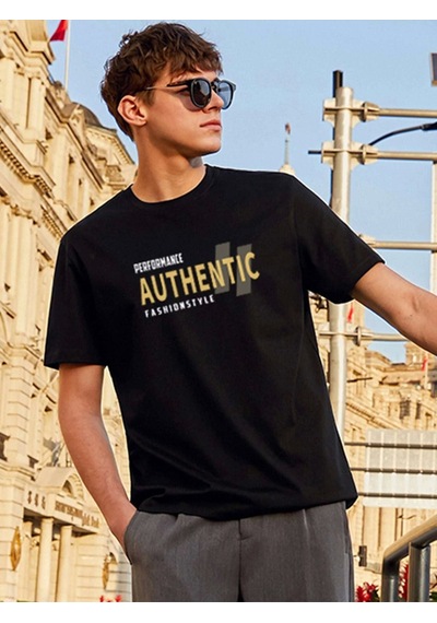 Oversize Unisex Authentic Baskılı Bisiklet Yaka Siyah T-shirt Siyah