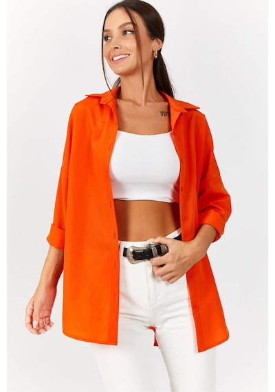 Armonika Kadın Turuncu Oversize Uzun Basic Gömlek Arm-22y001118