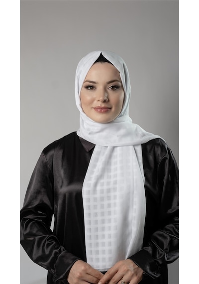 Hürrem Bone Beyaz Desenli Şal Şifon Kumaş Kareli Çizgili 202107 42 Beyaz