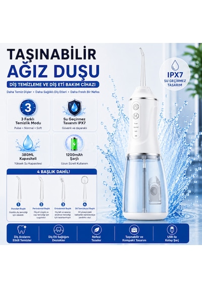 Coofbe Şarjlı Ağız Duşu Oral İrrigatör, 380 Ml, Ipx7 Su Geçirmez, 3 Temizleme Modu, 4 Başlıklı Taşınabilir Diş Temizleme Cihazı